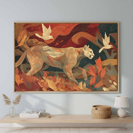 Art Nouveau Cougar Forest Print – canvas print shown framed in a styled room