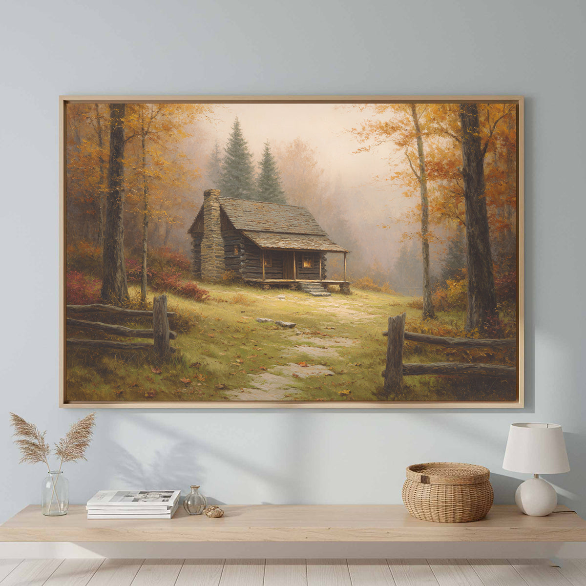 Autumn Cabin Forest Canvas Wall Art – canvas print shown framed in a styled room