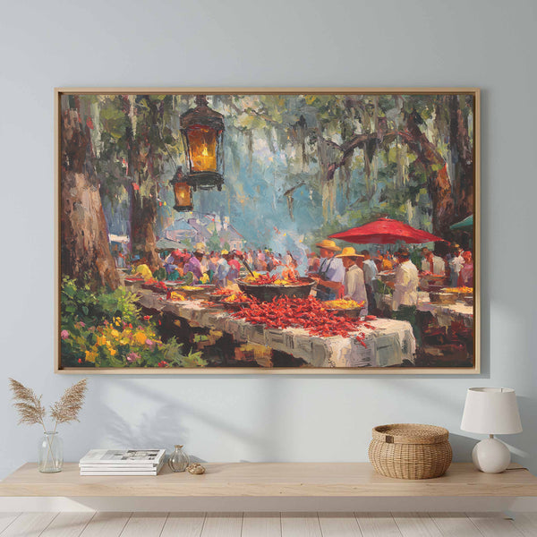 Louisiana Crawfish Boil Canvas Print – canvas print shown framed in a styled room