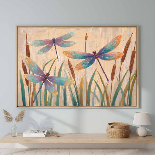 Dragonfly Art Canvas Print – canvas print shown framed in a styled room