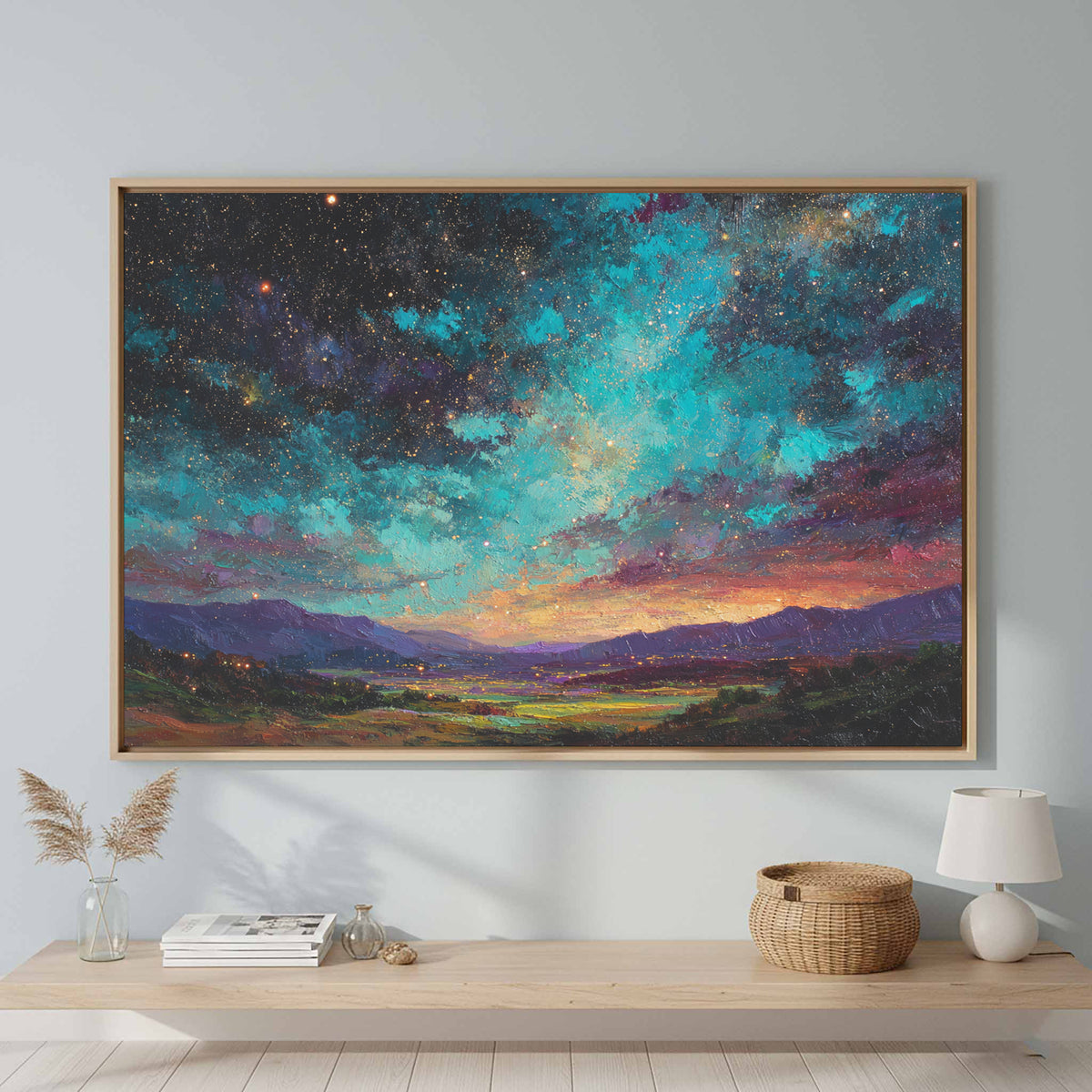 Cosmic Starry Night Canvas Wall Art – canvas print shown framed in a styled room