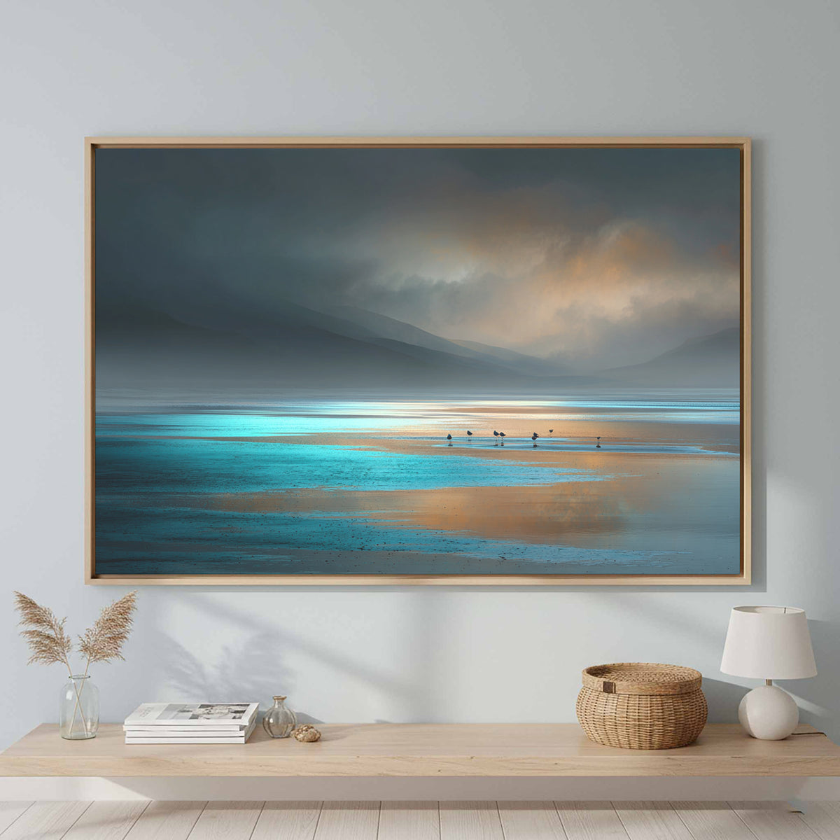 Coastal Seascape Wall Art – canvas print shown framed in a styled room
