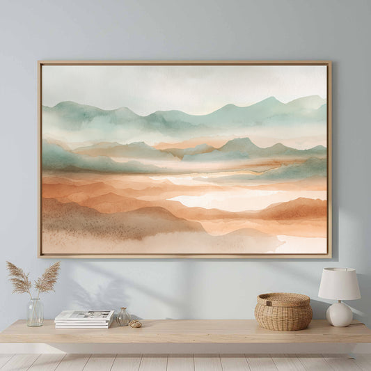 Abstract Watercolor Landscape Wall Art – canvas print shown framed in a styled room