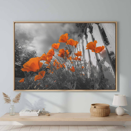 Orange Poppy Color Splash Wall Art – canvas print shown framed in a styled room
