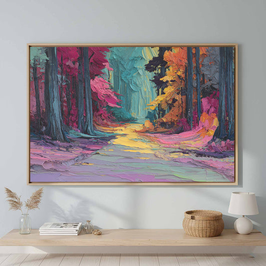 Abstract Forest Path Art Print – canvas print shown framed in a styled room