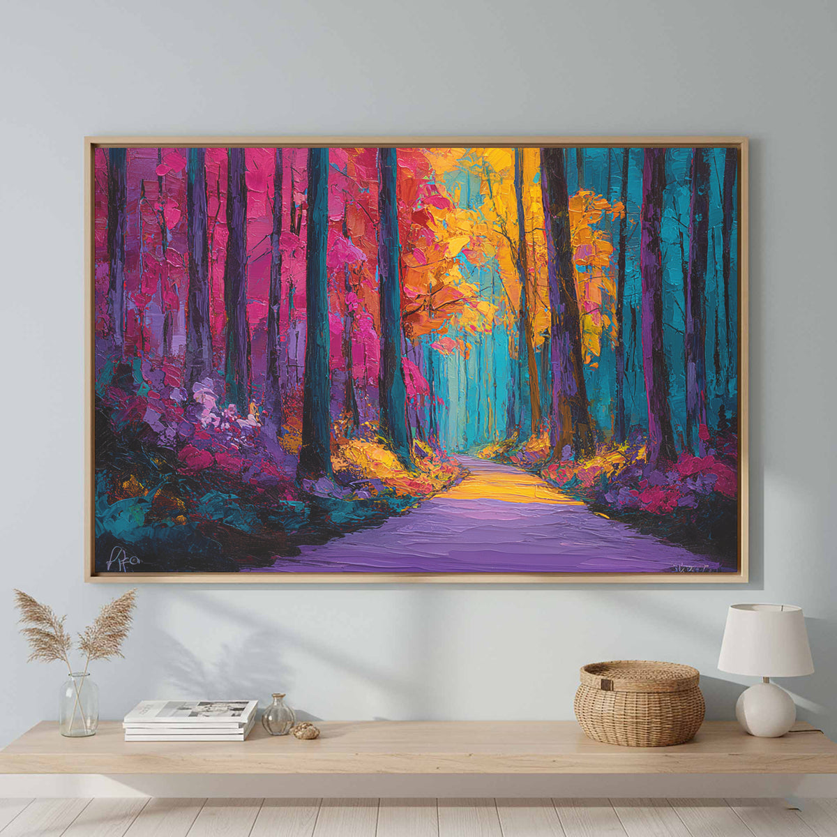 Abstract Forest Path Canvas Art – canvas print shown framed in a styled room