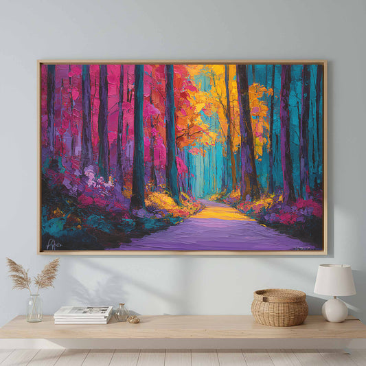 Abstract Forest Path Canvas Art – canvas print shown framed in a styled room