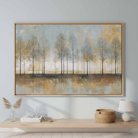 Minimalist Tree Row Canvas Print – canvas print shown framed in a styled room