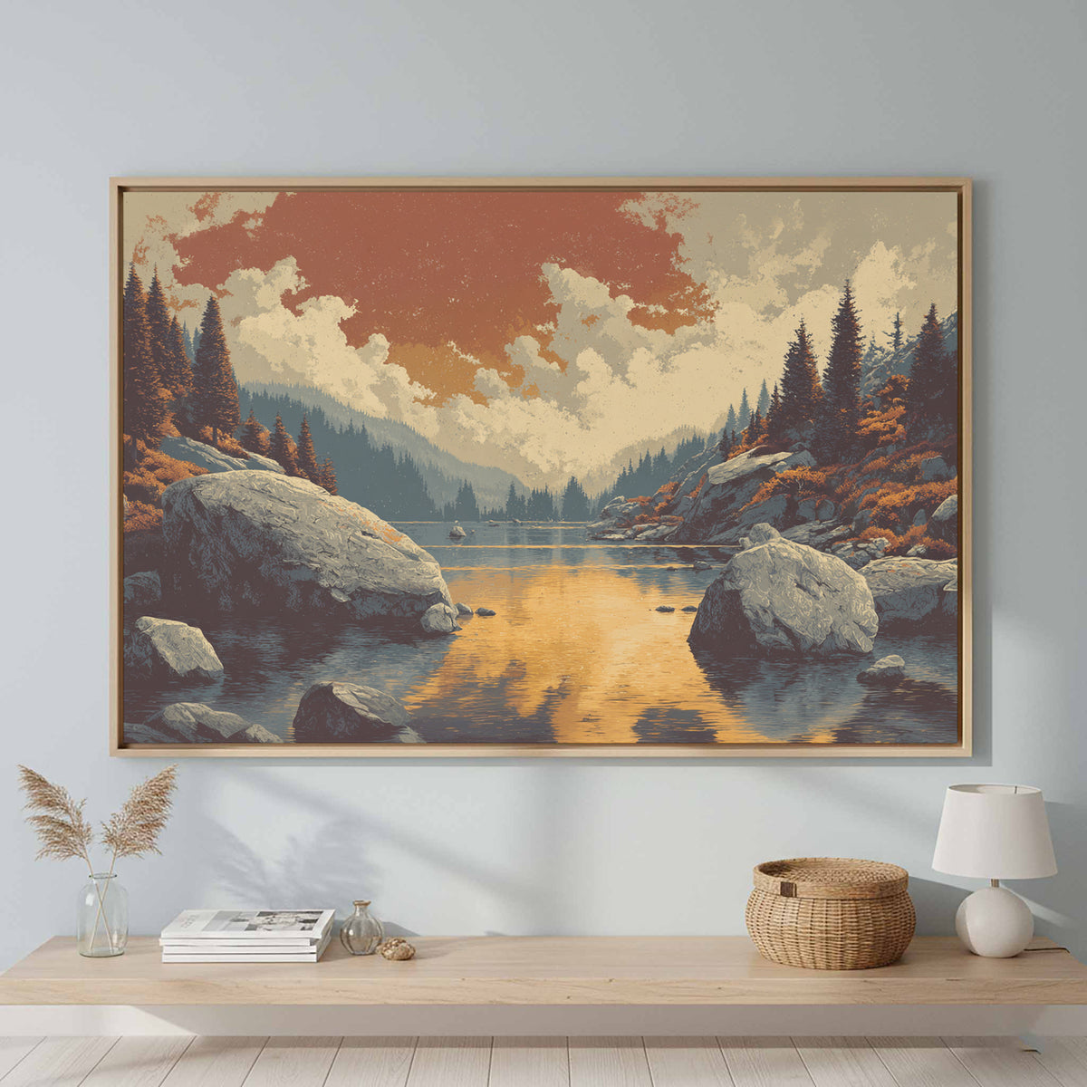 Mountain Lake Sunset Canvas Print – canvas print shown framed in a styled room