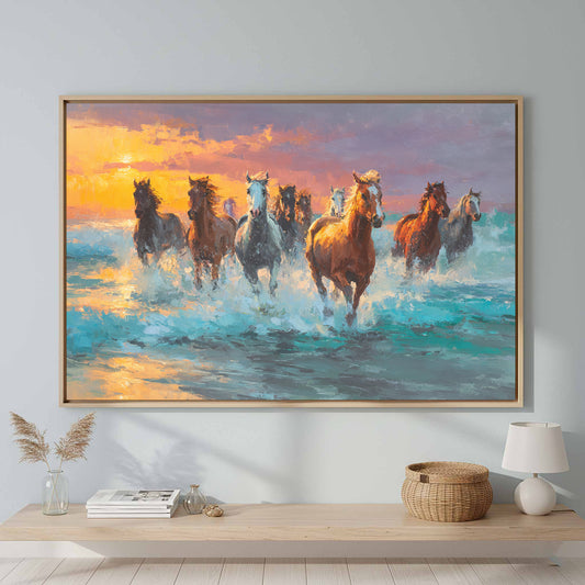 Wild Horses Ocean Canvas Print – canvas print shown framed in a styled room