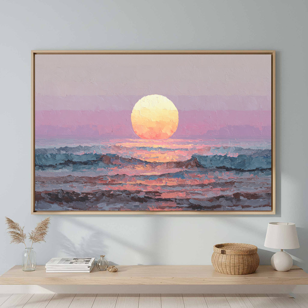 Vintage Coastal Sunset Canvas Wall Art – canvas print shown framed in a styled room