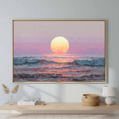 Vintage Coastal Sunset Canvas Wall Art – canvas print shown framed in a styled room