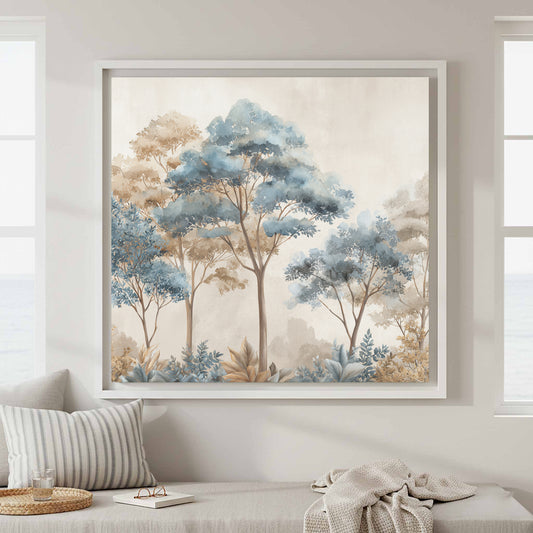 Forest Watercolor Canvas Wall Art – canvas print shown framed in a styled room
