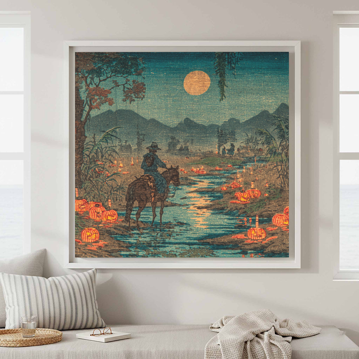 Cowboy Horse River Crossing Japanese Woodblock Print Wall Art – canvas print shown framed in a styled room