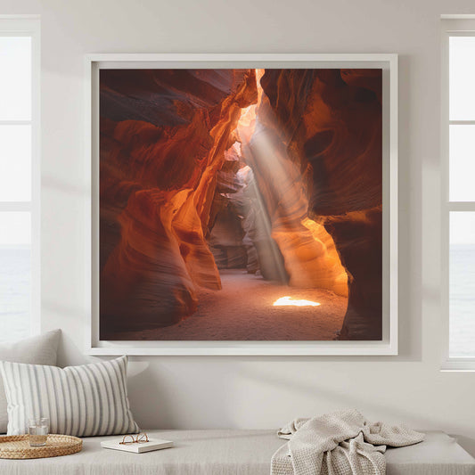 Antelope Canyon Light Beam Wall Art – canvas print shown framed in a styled room