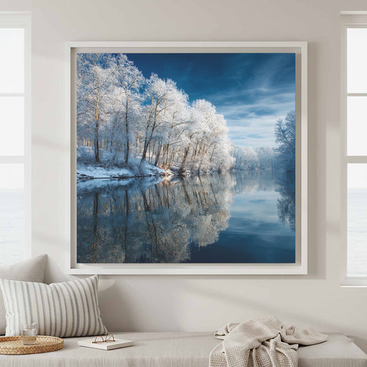 Winter Forest Reflection Canvas Print – canvas print shown framed in a styled room