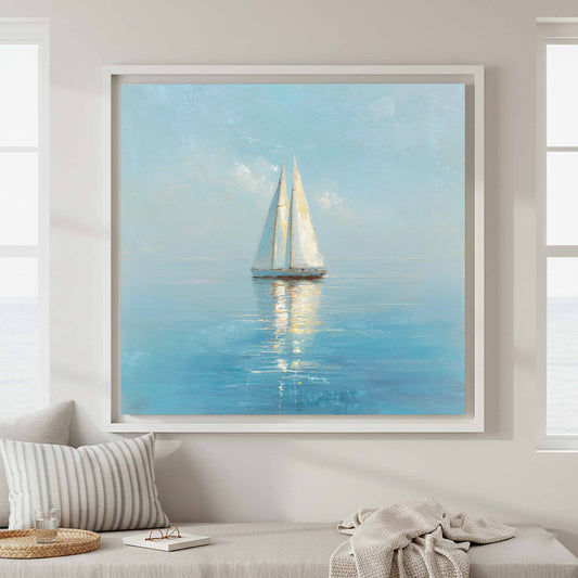 Sailing Yacht Oil Painting Canvas Art – canvas print shown framed in a styled room