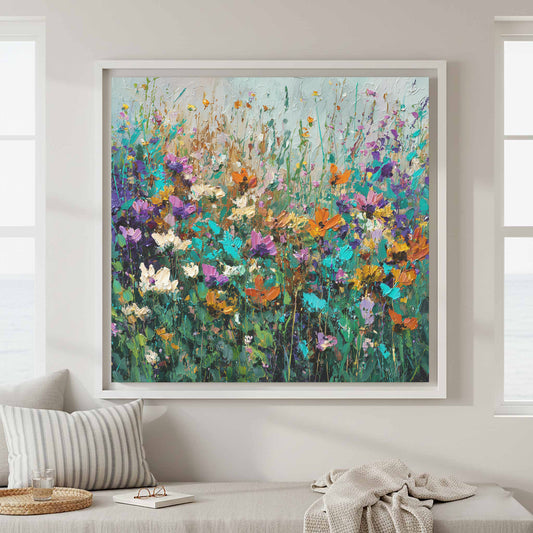 Abstract Impressionist Wildflower Canvas Wall Art Print – canvas print shown framed in a styled room