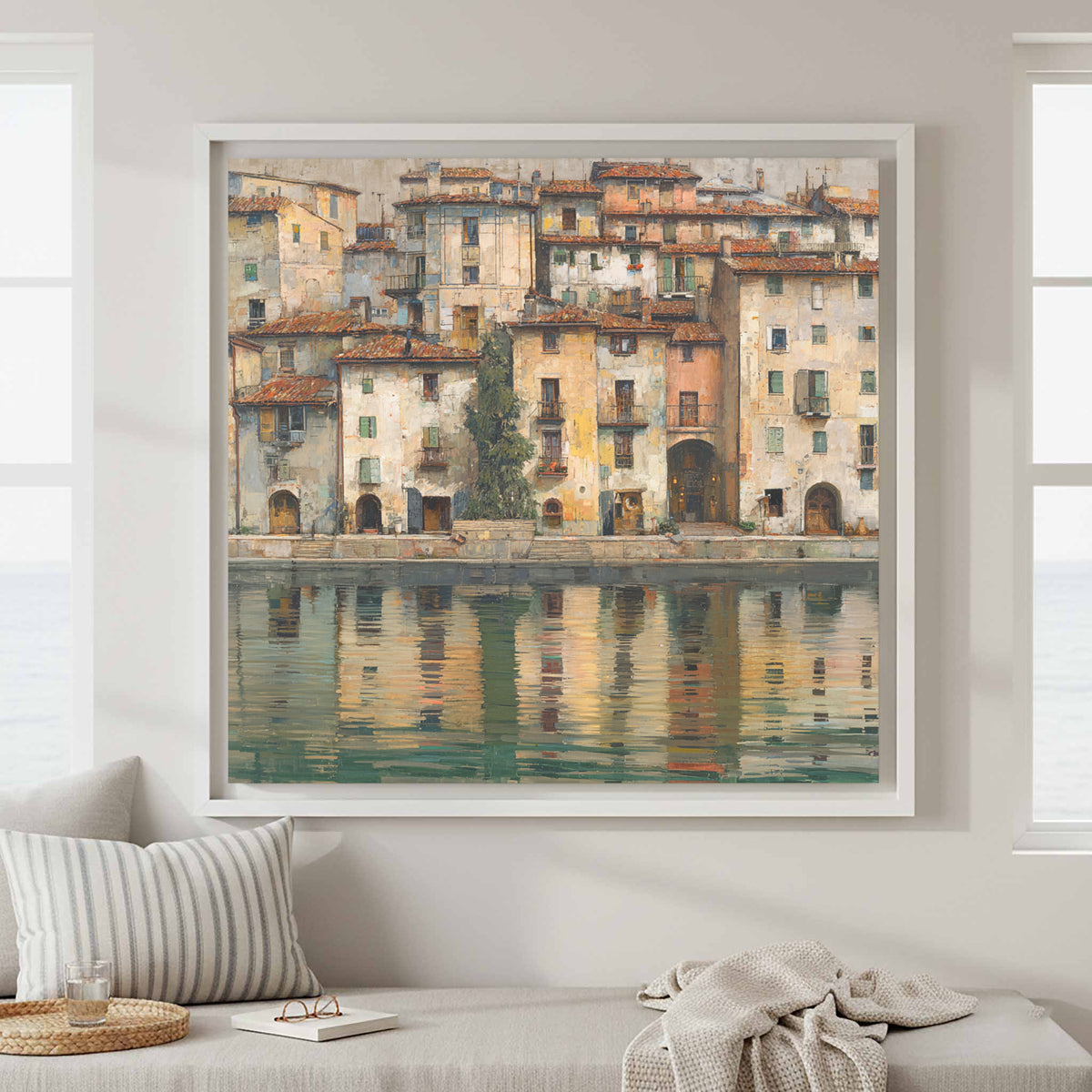 European Waterfront Canvas Print – canvas print shown framed in a styled room