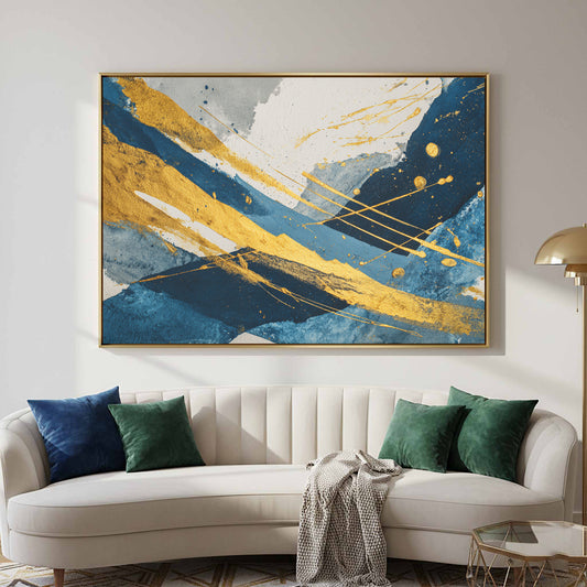 Abstract Gold Navy Wall Art – canvas print shown framed in a styled room