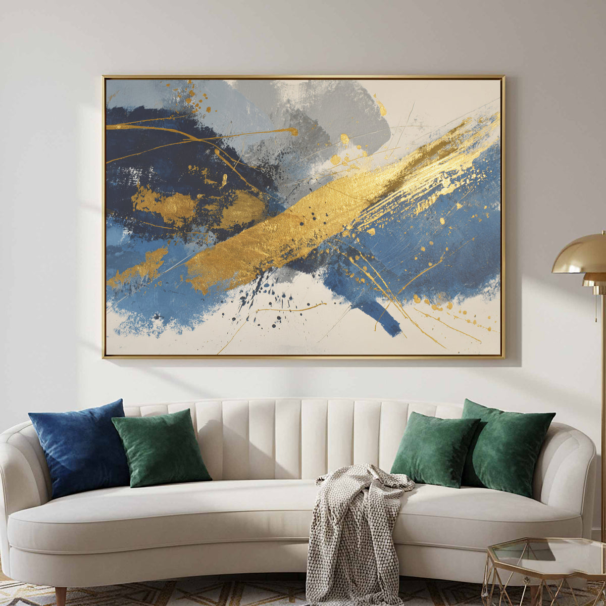 Abstract Gold Blue Canvas Wall Art – canvas print shown framed in a styled room