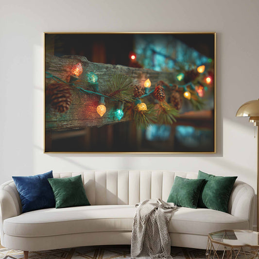 Christmas Pine Garland Wall Art – canvas print shown framed in a styled room