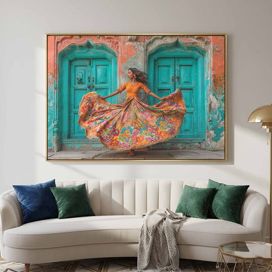 Vibrant Dance Portrait Wall Art – canvas print shown framed in a styled room