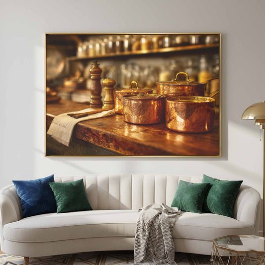 Copper Cookware Still Life Kitchen Wall Art – canvas print shown framed in a styled room