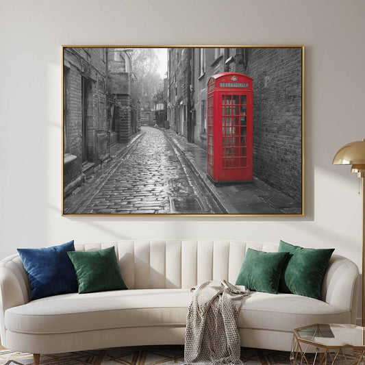 London Phone Booth Print – canvas print shown framed in a styled room
