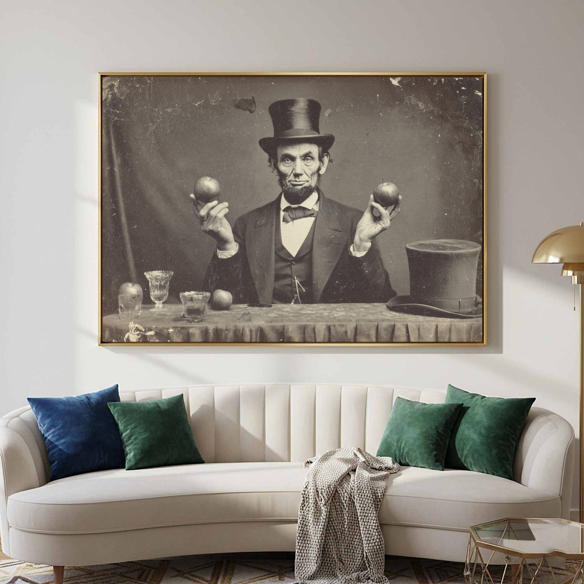 Lincoln Portrait Canvas Art – canvas print shown framed in a styled room