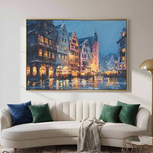 Christmas Market Canvas Art – canvas print shown framed in a styled room
