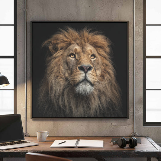 Lion Portrait Canvas Wall Art – canvas print shown framed in a styled room