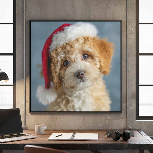 Maltipoo Santa Hat Canvas Print – canvas print shown framed in a styled room