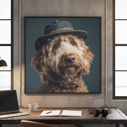 Goldendoodle Dog Portrait Canvas Print – canvas print shown framed in a styled room