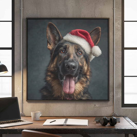German Shepherd Santa Hat Christmas Wall Art – canvas print shown framed in a styled room