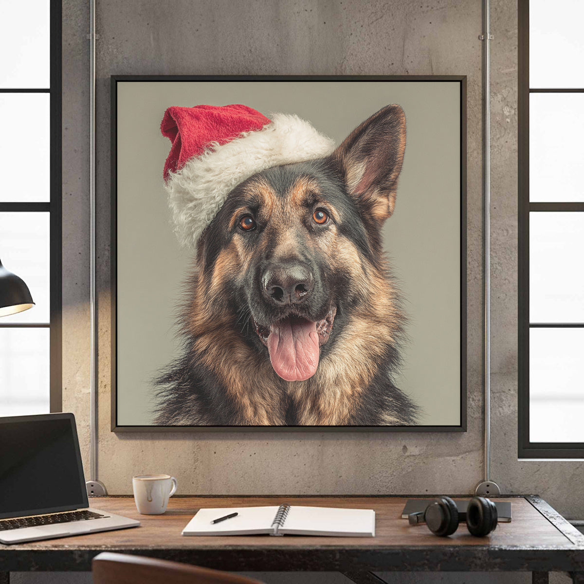 German Shepherd Santa Hat Canvas Print – canvas print shown framed in a styled room