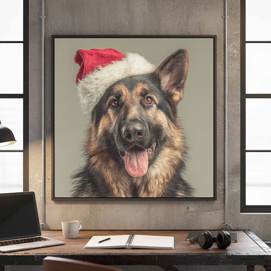German Shepherd Santa Hat Canvas Print – canvas print shown framed in a styled room