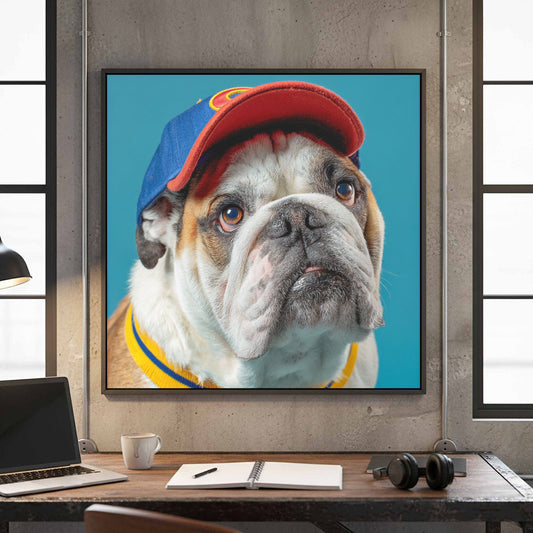 Bulldog Baseball Cap Wall Art – canvas print shown framed in a styled room