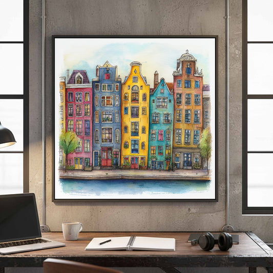 Amsterdam Canal Houses Wall Art – canvas print shown framed in a styled room