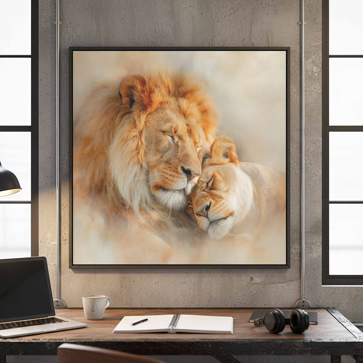 Lion Couple Canvas Art – canvas print shown framed in a styled room