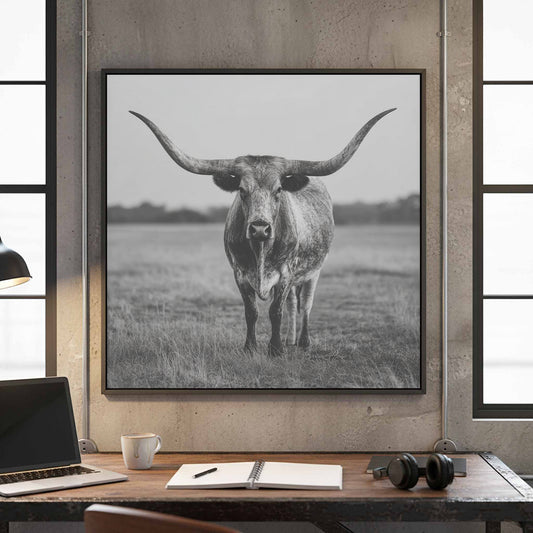 Longhorn Cattle Black White Photo Print – canvas print shown framed in a styled room