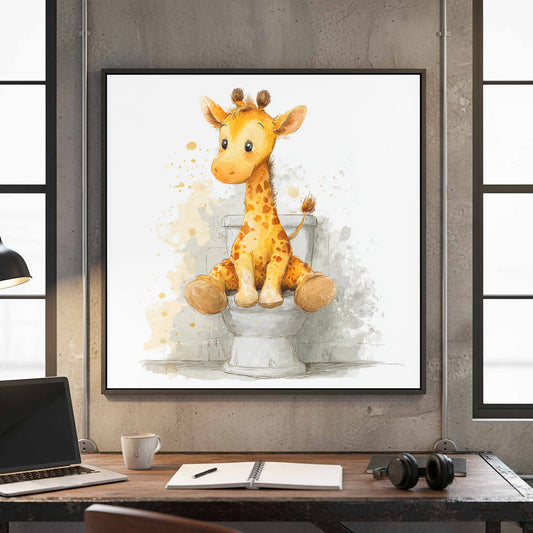 Baby Giraffe Potty Training Wall Art – canvas print shown framed in a styled room
