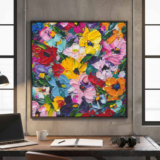 Abstract Colorful Floral Canvas Print – canvas print shown framed in a styled room