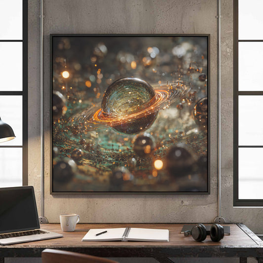 Abstract Saturn Planet Canvas Art – canvas print shown framed in a styled room