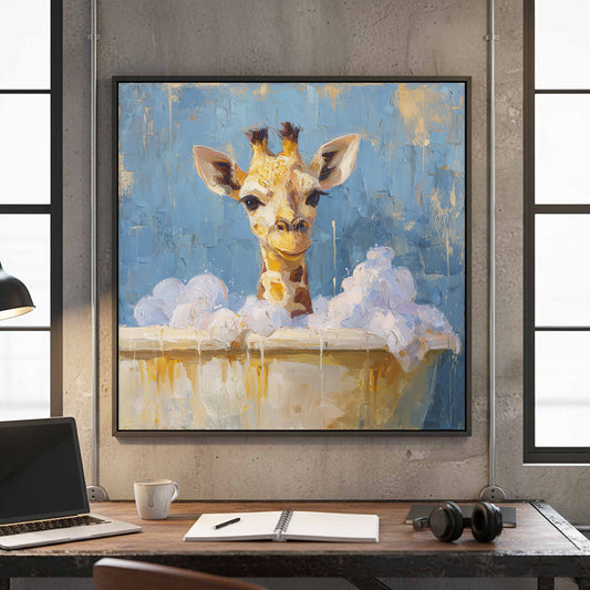Baby Giraffe Bathroom Canvas Art – canvas print shown framed in a styled room