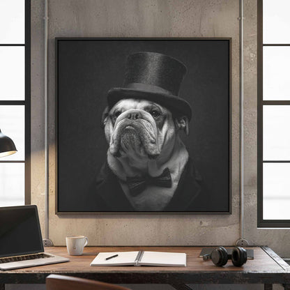 Bulldog Top Hat Canvas Print – canvas print shown framed in a styled room