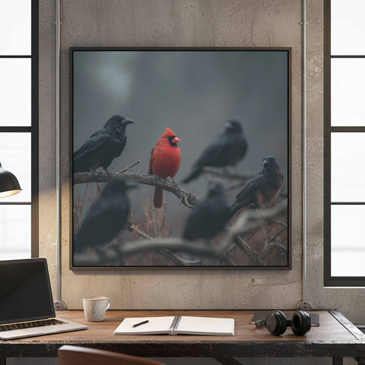 Cardinal &amp; Crows Canvas Wall Art – canvas print shown framed in a styled room