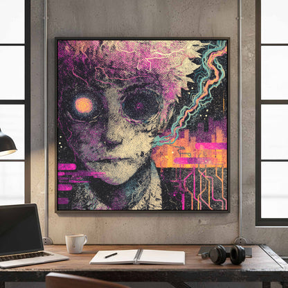 Surreal Cyberpunk Face Canvas Wall Art – canvas print shown framed in a styled room