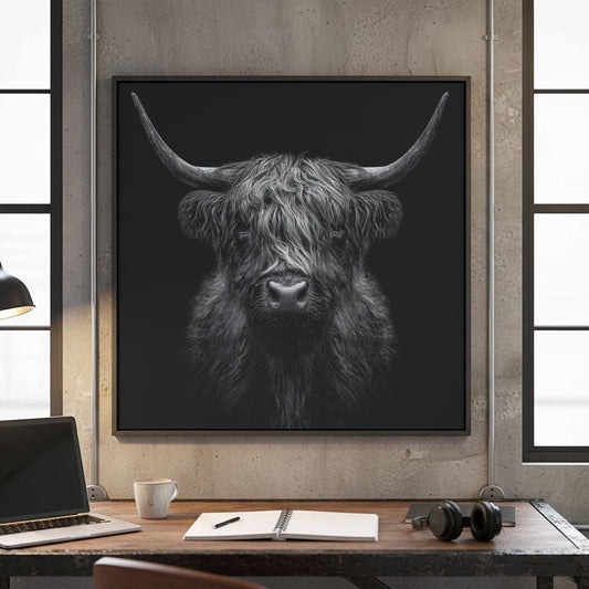 Highland Cow Canvas Wall Art – canvas print shown framed in a styled room