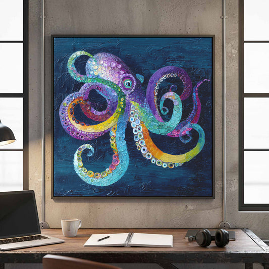 Colorful Octopus Canvas Wall Art – canvas print shown framed in a styled room